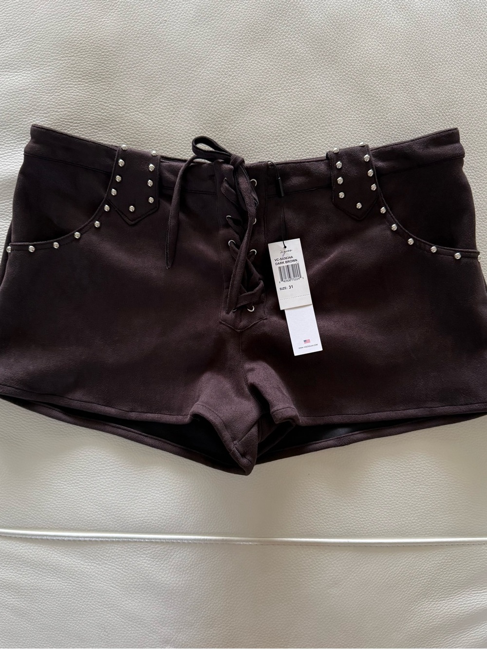 Vigoss Dark Brown Studded Suede Vest & Lace-Up Shorts Set NEW With Tags - Picture 7 of 11
